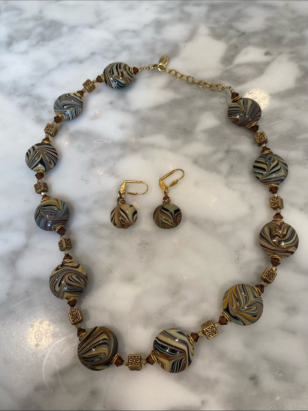 Marbled Swirl Bead Necklace & Earring Set - Gold Accents - Multicolor